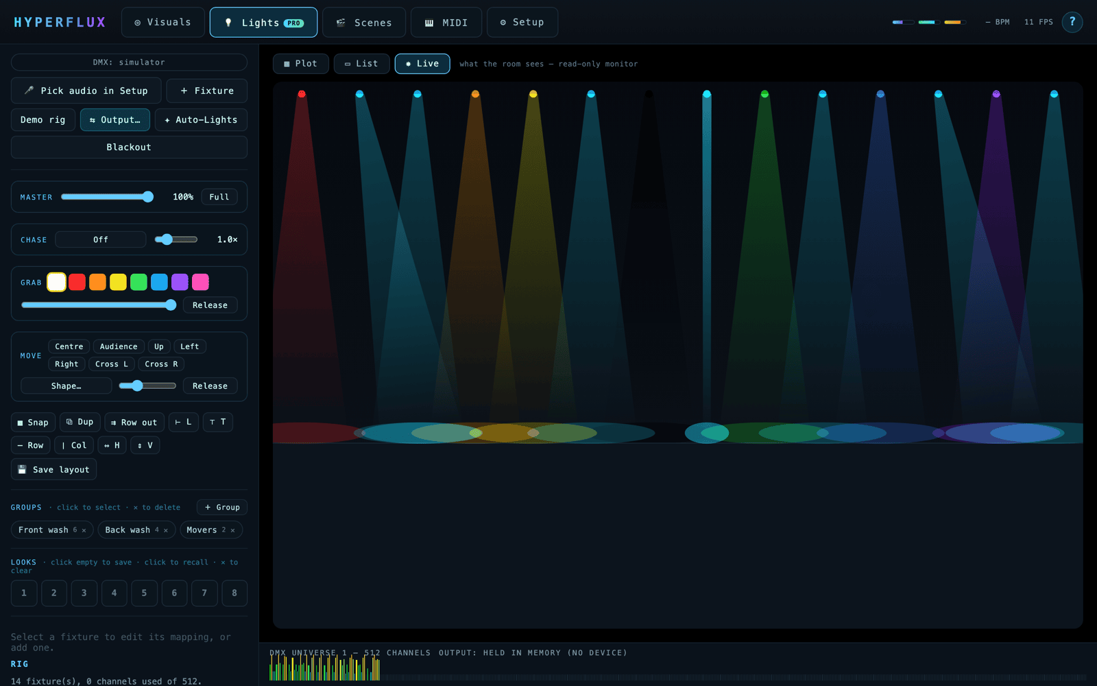 HYPERFLUX Live view — beams and washes rendered as the room sees them