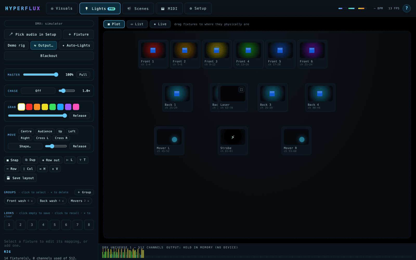 HYPERFLUX lighting console — spatial stage plot with the fixture rig lit up
