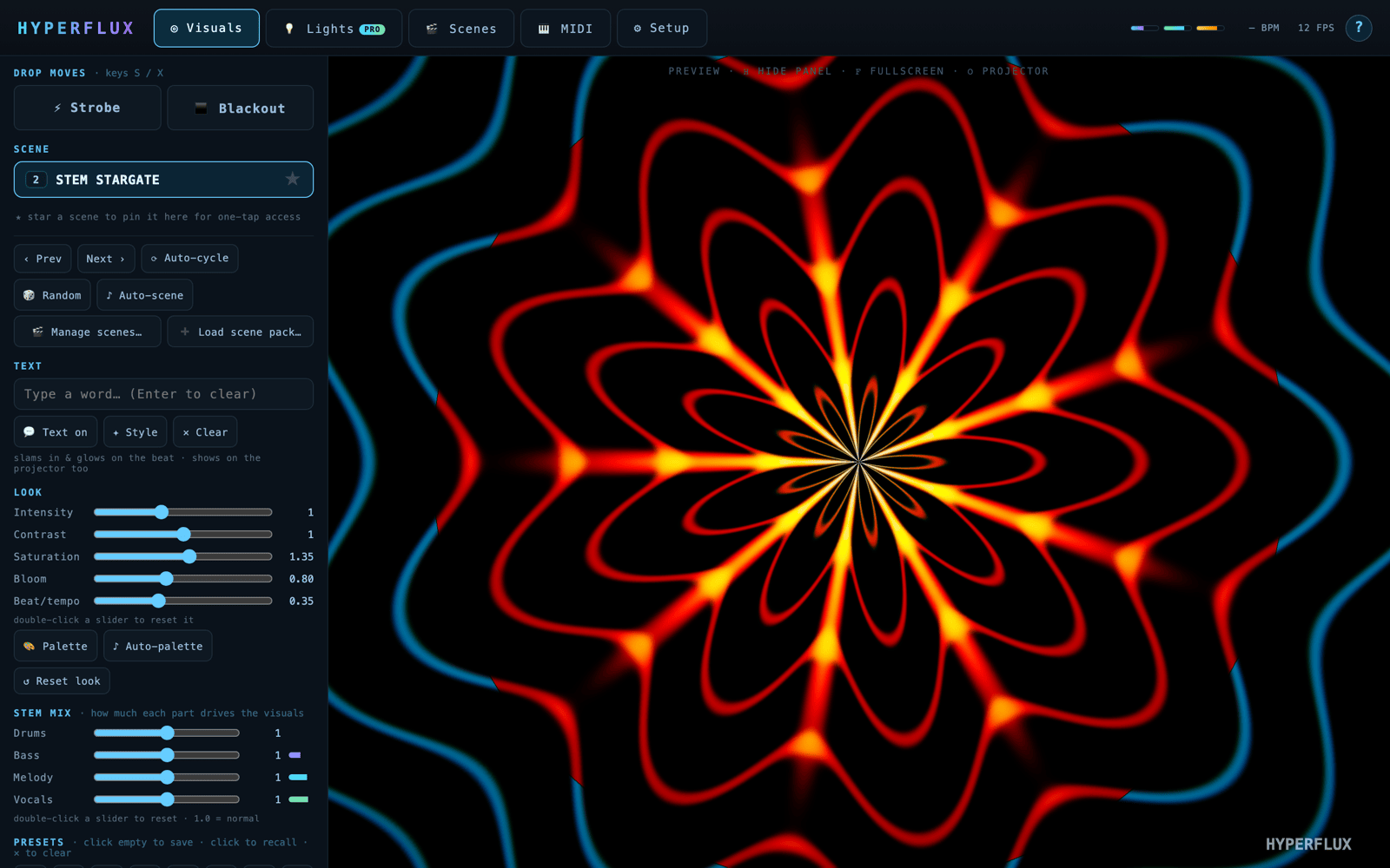 HYPERFLUX app — a live stem-reactive scene with the VJ console
